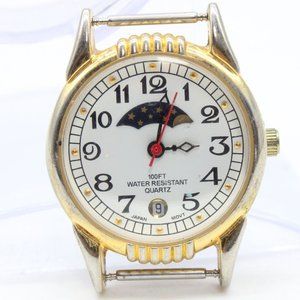 Vintage White Stag Moonphase Watch Womens Gold Tone Stainless Steel Big Numbers